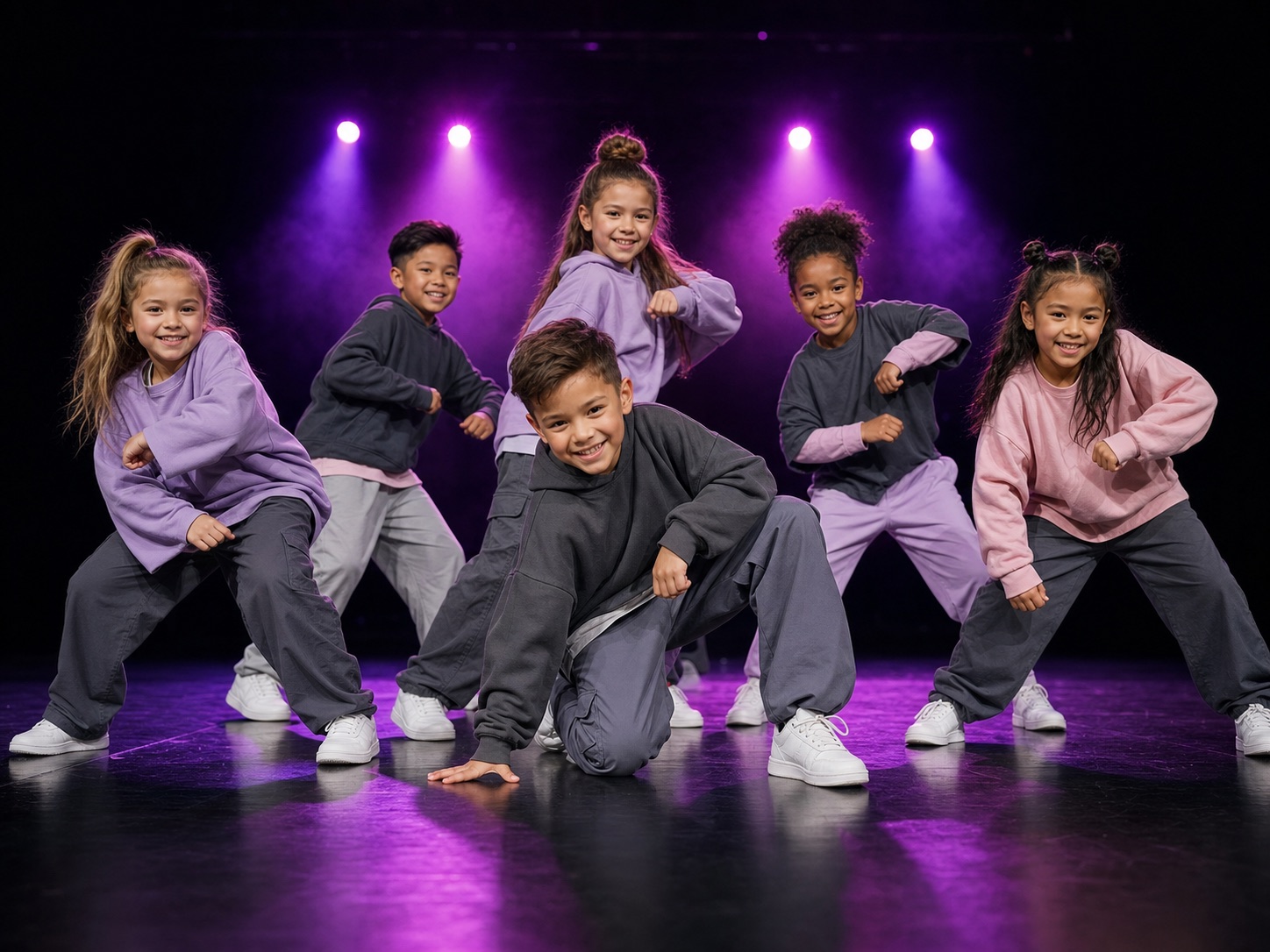 Kinderen dansen samen een energieke streetdancechoreografie