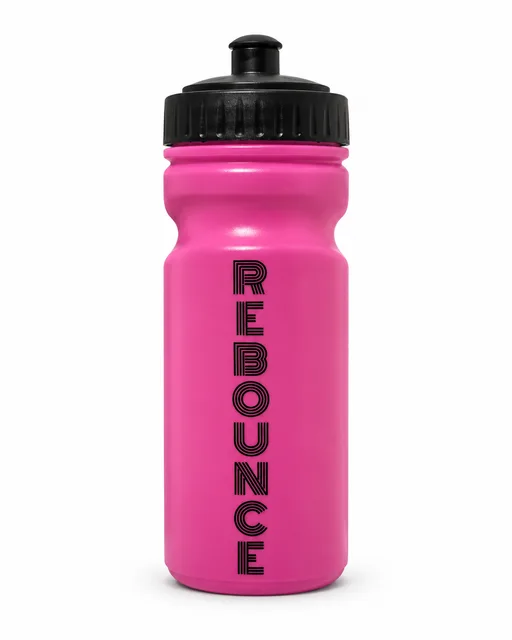 AI-voorbeeld: roze bidon met zwarte Rebounce lijnletters