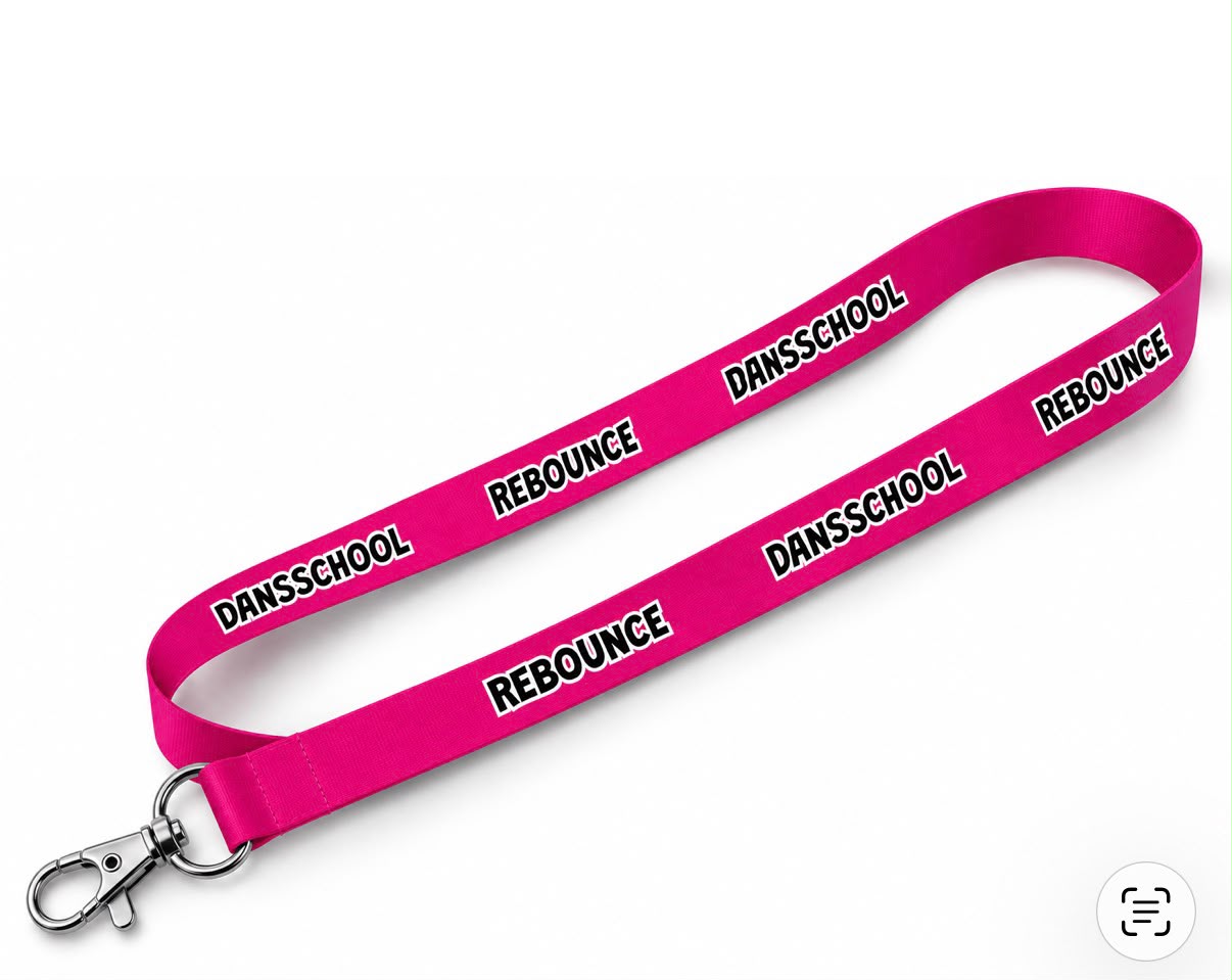 Roze Rebounce keycord met metalen clip en de teksten Dansschool en Rebounce