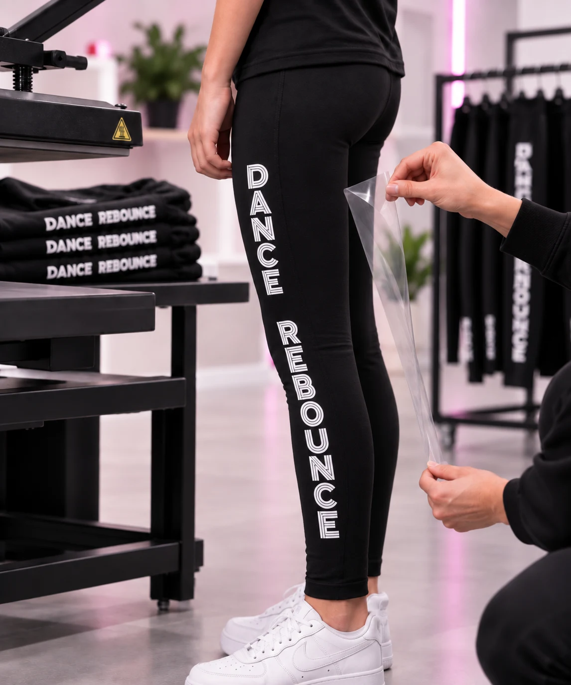 Voorbeeldbeeld van Dance Rebounce-bedrukking op een zwarte legging met transferfolie